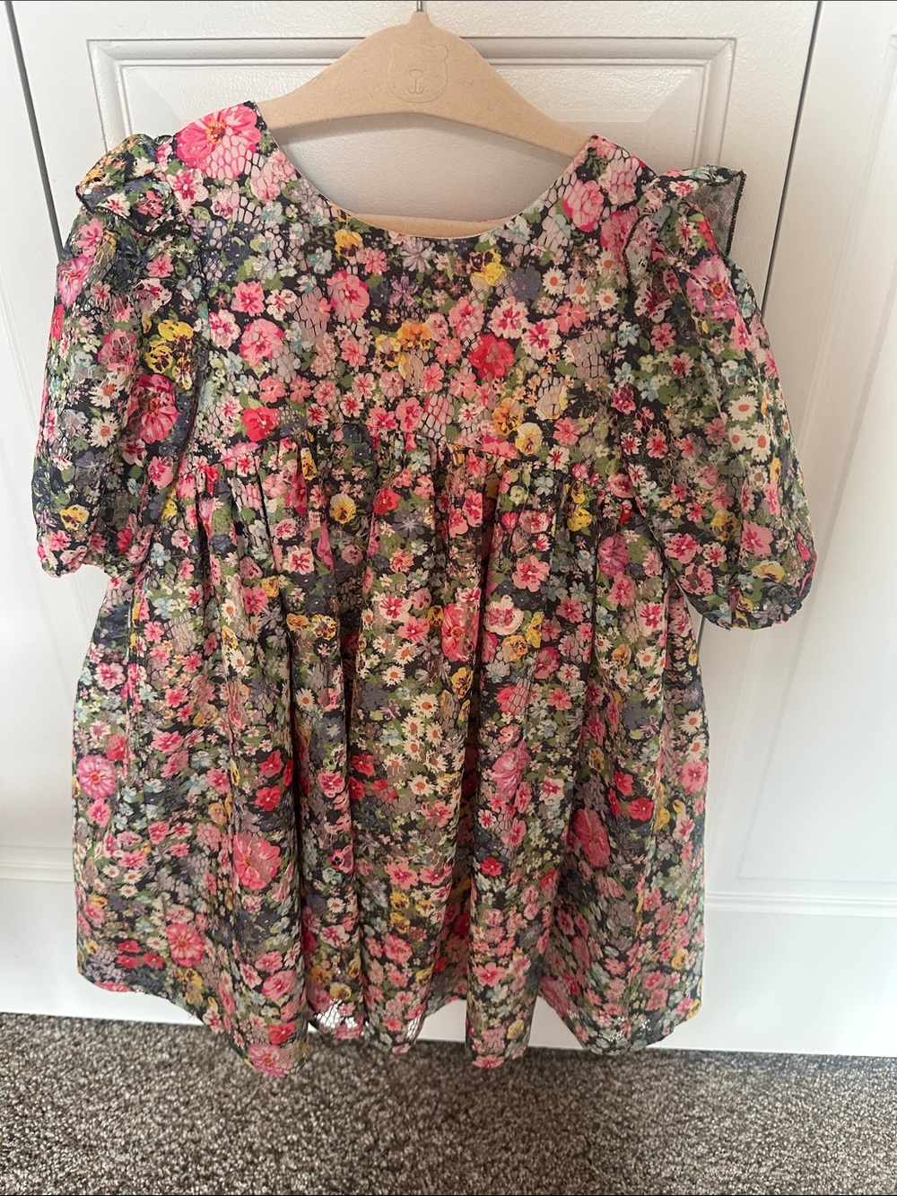 Laura Ashley Floral Puff Sleeve Dress in Black, Pink, Yellow, Green
